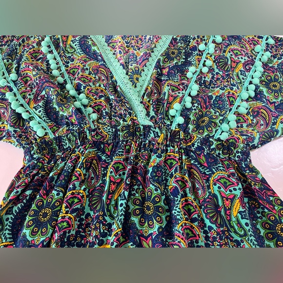 America & Beyond Bohemian Empire Waist Paisley Pom Pom Swim Cover Up Large - Picture 8 of 10